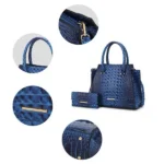 Close-up of the MKF Collection Viridiana Croc-Embossed Tote Bag highlighting the hardware, showcasing polished gold-tone accents, zipper pulls, and buckle details that enhance the bag’s elegant and luxurious design.