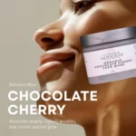 Advertisement featuring a woman’s glowing face next to a closed jar of Organic Chocolate Cherry Face Mask, highlighting its antioxidant-rich, hydrating, and brightening benefits for radiant, healthy-looking skin.