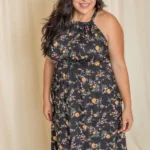 Plus size floral halter midi dress flowy summer dress for curvy women