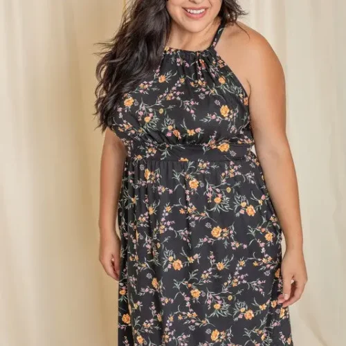 Plus size floral halter midi dress flowy summer dress for curvy women