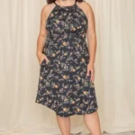 Plus size floral halter midi dress flowy summer dress for curvy women