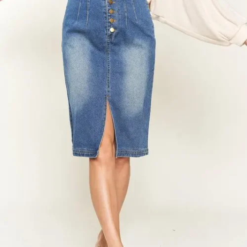 Denim button down front midi skirt