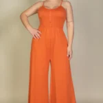 Plus size button front wide leg jumpsuit featuring a flattering front button closure, relaxed fit, and flowy wide leg silhouette designed for a chic and comfortable look