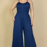 Plus size button front wide leg jumpsuit featuring a flattering front button closure, relaxed fit, and flowy wide leg silhouette designed for a chic and comfortable look