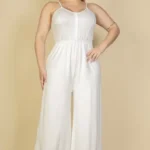 Plus size button front wide leg jumpsuit featuring a flattering front button closure, relaxed fit, and flowy wide leg silhouette designed for a chic and comfortable look