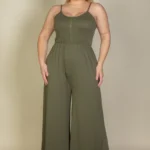 Plus size button front wide leg jumpsuit featuring a flattering front button closure, relaxed fit, and flowy wide leg silhouette designed for a chic and comfortable look