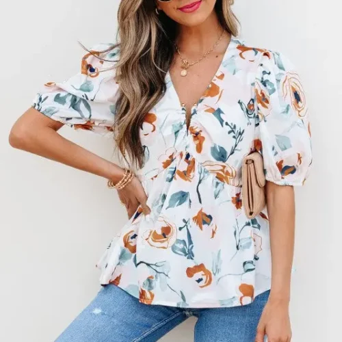 Salome Floral Puff Sleeve V Neck Babydoll Blouse