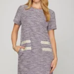 Elegant plus size dress front view featuring pearl accents and structured tweed design