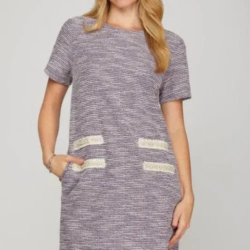 Elegant plus size dress front view featuring pearl accents and structured tweed design