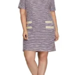 Front view of plus size tweed dress with pearl trim, styled for a chic and sophisticated look