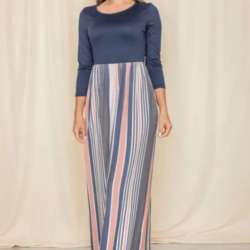 Stylish Stripe Quarter Sleeve Maxi Dress