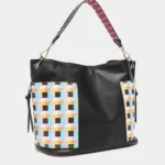 Side angle view of Nicole Lee USA Quihn tote handbag highlighting structured silhouette, spacious interior width, and sleek everyday design