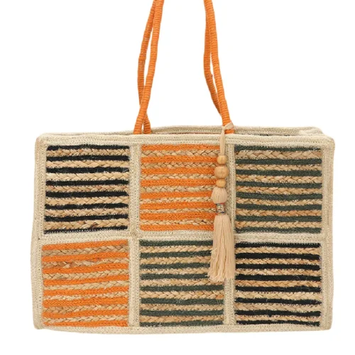Color Block Striped Straw Tote Bag